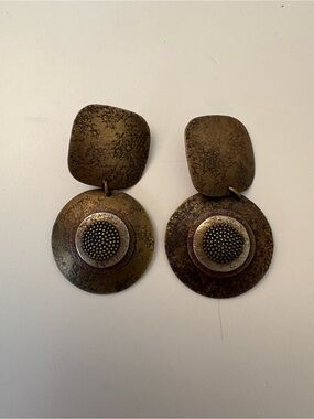 Marjorie Baer Vintage-Inspired Gold Tone Disc Drop Earrings Aztec Design Clip On